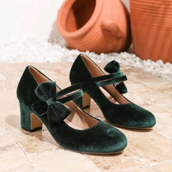 Elegant Fashion Round Toe Thick Heel Shallow Mouth Bow Decor Velvet Thick Heel - Picture 4 of 5